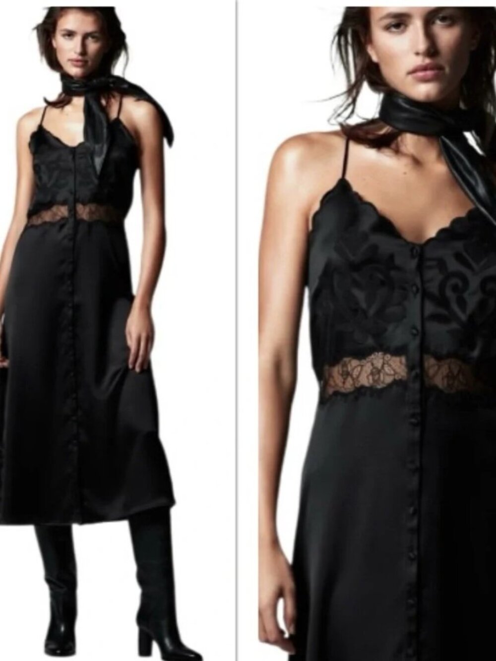 Zara Black Lace Detail Slip Midi Dress
